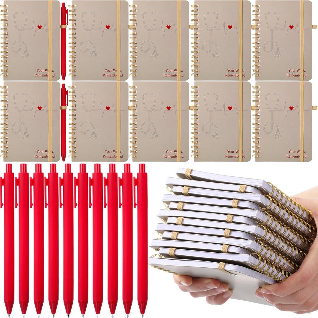 Fulmoon 24 Set Nurse A6 Spiral Notebook with Ballpoint Pens 50 Sheets, 4"x 6" Small College Ruled Notepads Journaling Notebooks Bulk Nurse Week Appreciation Gifts for Women Back to School Supplies (Red)