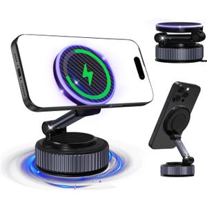 Magnetic Phone Charging Holder for Car - Upgraded 360 Vacuum Magnetic Phone Holder, Foldable Retractable Suction Cup Car Phone Mount for Magsafe for Your Car/Gym/Mirror Mount for iPhone & Android (Black)