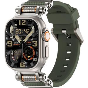 TAURI Silicone Band for Apple Watch Bands SE/Series 9/8/7/6/5/4 44/45mm [Stainless Steel Metal Connector + Liquid Silicone Strap] for iWatch 45mm/44mm Adjustable Band Men Women, Army Green