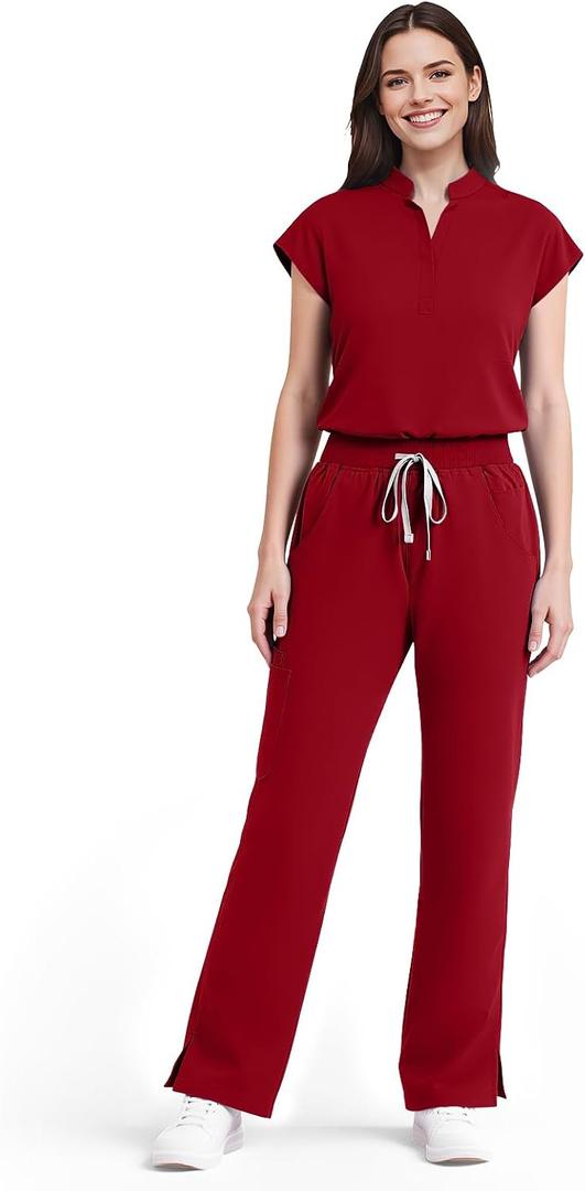 Scrubs for Women Set Soft Sleeveless Stand-Up Collar Scrub Top & Straight Leg Scrub Pant, 9 Pockets, Yoga Waistband, M
