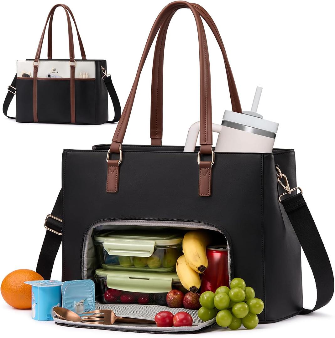 LOVEVOOK Lunch Bag for Women, Leather Work Laptop Tote Bag with Insulated Lunch Compartment, 15.6 Inch 2 in 1 Lunch Tote for Business, Teacher, Nurse, Office, College, Casual