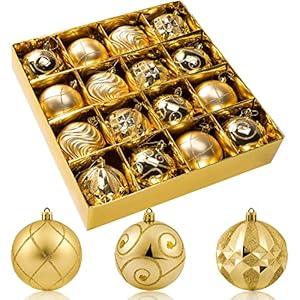 3.15" Gold Christmas Ball Ornaments Set, 16pc Gold Xmas Tree Ornaments Decoration, Shatterproof Large Decorative Hanging Balls with Loop for Christmas Party Holiday Wreath Garland Home Decor