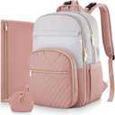MOMUVO Diaper Bag Backpack, Quilted Baby Bag with Changing Pad & Stroller Straps & Pacifier Case, Large Travel Diaper Bags for Mom Dad, Pink Grey