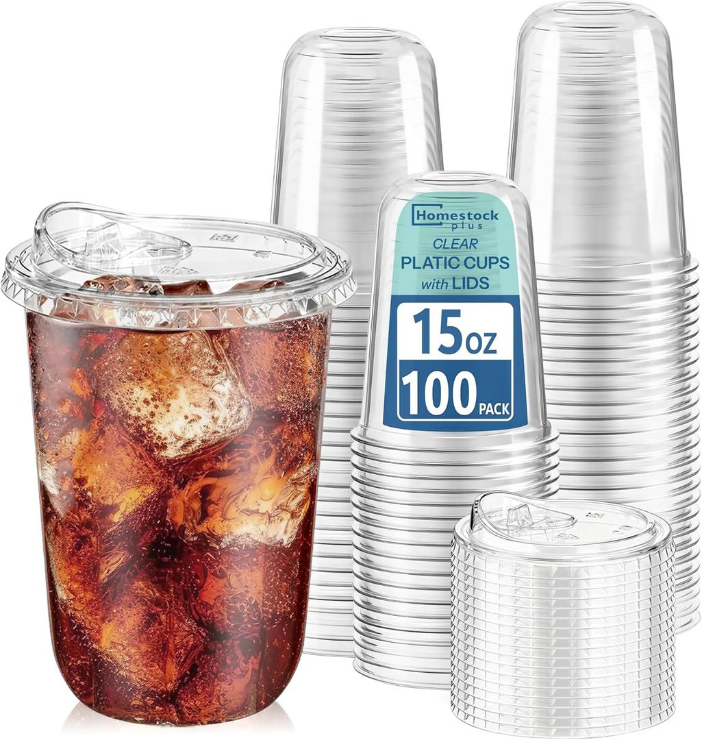 Homestockplus 15 oz Clear Plastic Cups with Lids (100 Pack) - Strawless Sip Lids, Leak-Proof & BPA-Free Iced Coffee Cups - Disposable Cold Drink Cups for Smoothies, Milkshake, Parties, Events