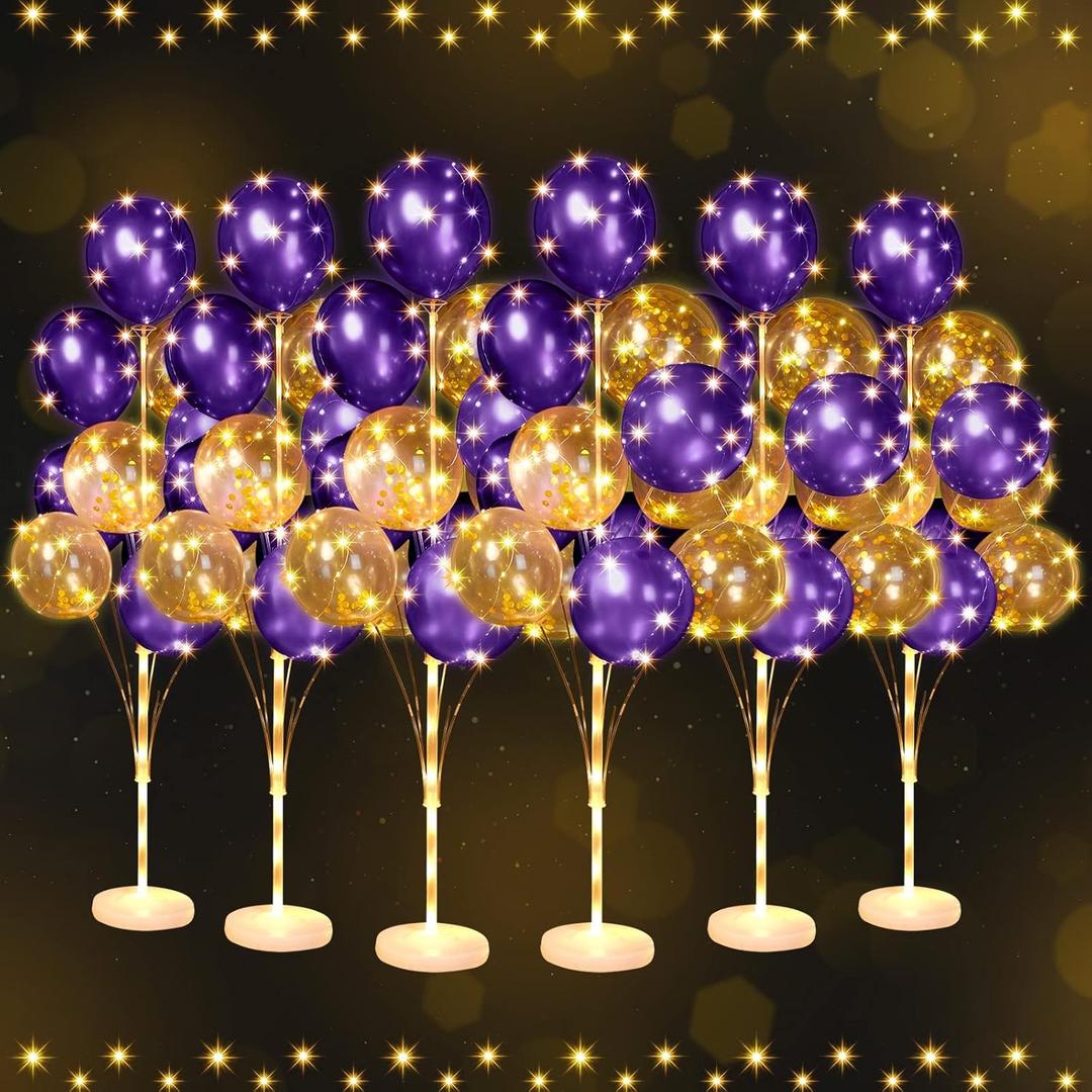 Wettarn 6 Set of Christmas Balloon Stand Kit for Floor with Balloons Light Strings Holder Centerpieces Balloon Column Kit Birthday Baby Shower Wedding Party(Gold Sequin, Purple)