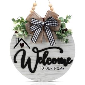 12 Inch 3D Welcome Sign for Front Door- Farmhouse Welcome Door Sign for Front Porch DecorWooden Door Decorations Outdoor Hanging Home SignsDoor Wreaths for Front Door Outside All Season (white)