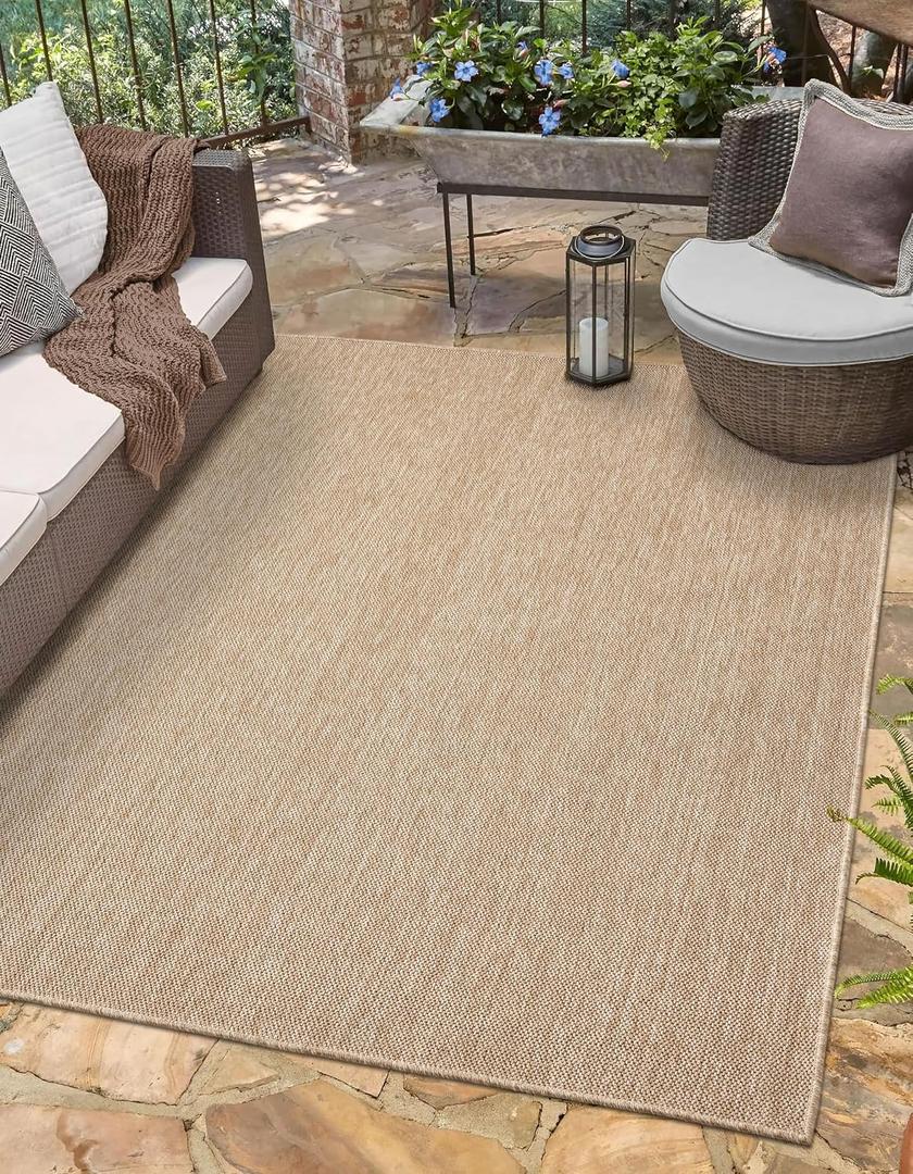 Angela Easy Jute Indoor Outdoor Rug, 5x7 Neutral Solid Jute Look, Polyester, Durable & Easy Care Outdoor Farmhouse Carpet for Patio, Porch, Living Room (5' x 7', Natural)