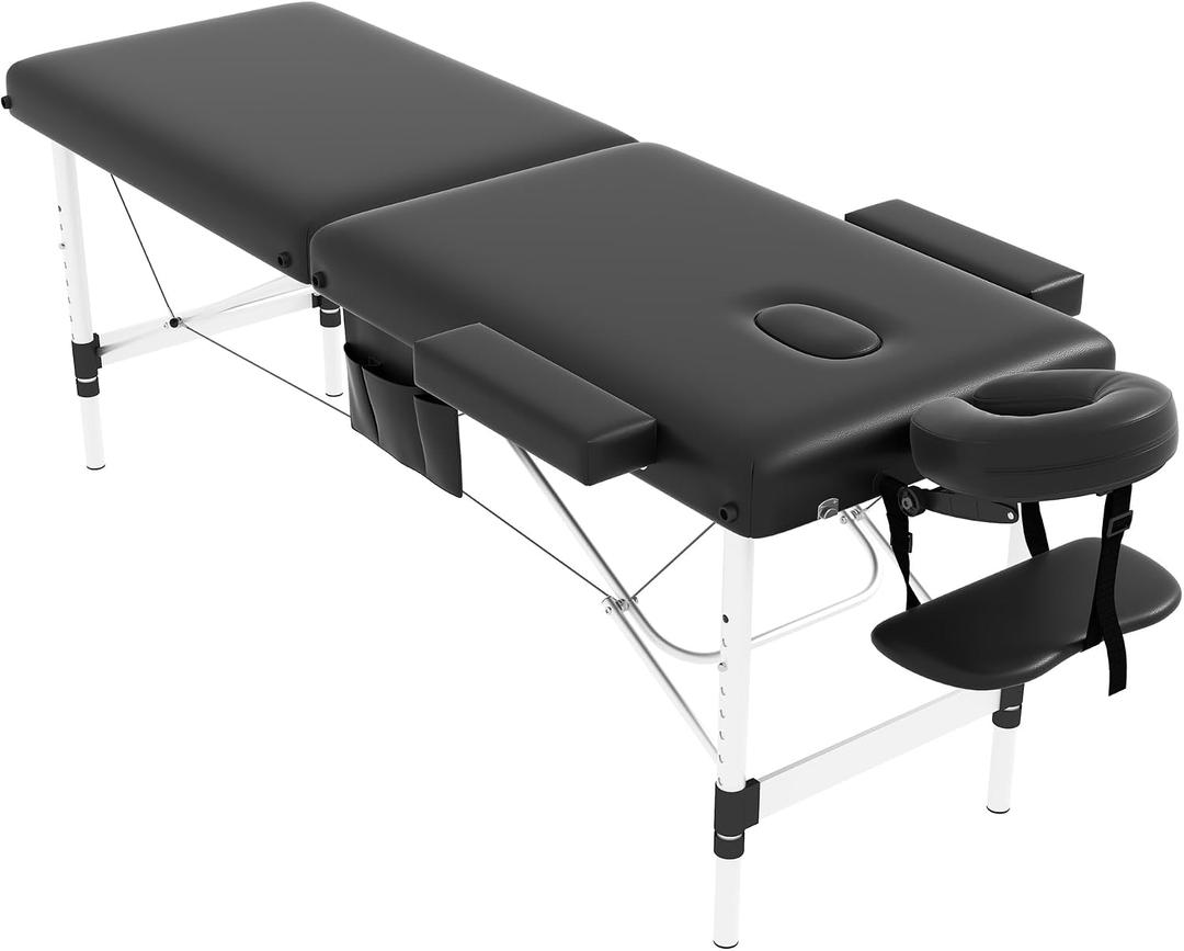 civama Massage Table Massage Bed Portable, 26 LBs Light Weight 2 Section Foldable Tattoo Bed Facial Care Spa Lash Bed Height Adjustable Sturdy Aluminum Frame with Accessories Carrying Bag, Black, 1 Count
