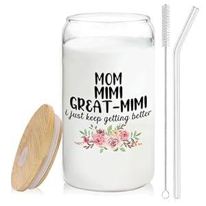 BEHIFL Christmas Grandmother Gifts For Mom Mimi Great Mimi Glass Coffee Cup With Lid And Straws 14oz - Christmas Glass Cup gifts For Grandma