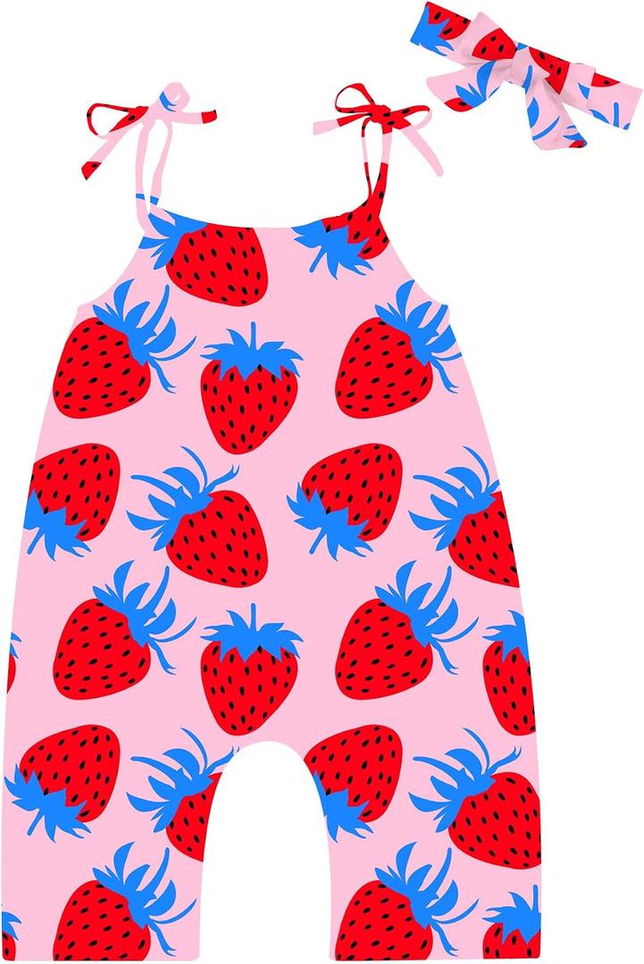 Lindanina Toddler Baby Girls Romper Strawberry Sleeveless Jumpsuit Summer Cute Clothes Adjustable Tie-Up Strap 12-24 Months Infant One Piece Pink Soft Casual Outfits with Pocket Headband Daily Wear