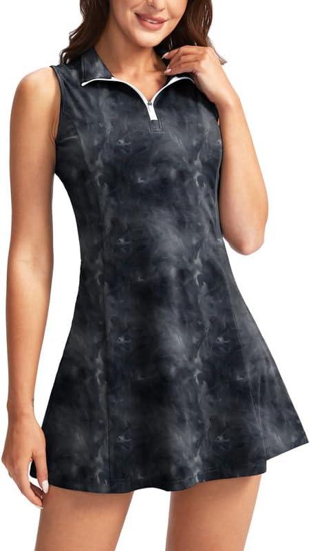 Viodia Women's Tennis Golf Dress with Shorts Active Exercise Workout Sports Athletic Dresses for Women with Zipper Pockets (Large, Tie Dye Black)