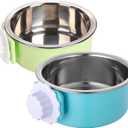Dog Crate Bowl, Hanging Stainless Steel Removable Pet Crate Water & Food Bowls, Pet Cage Feeder Container Coop Cup for Cat Puppy Birds Rats Guinea Pigs Rabbit Hamster (2PCS) (Green/Blue)