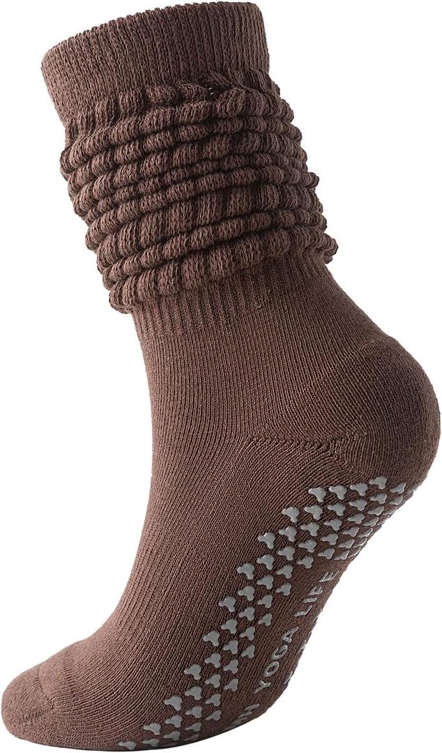 Pilates Socks with Grips Non-slip Slouch Socks with Grip Socks for Women Yoga, Barre, Dance, Fitness, Workouts (One Size, Brown)