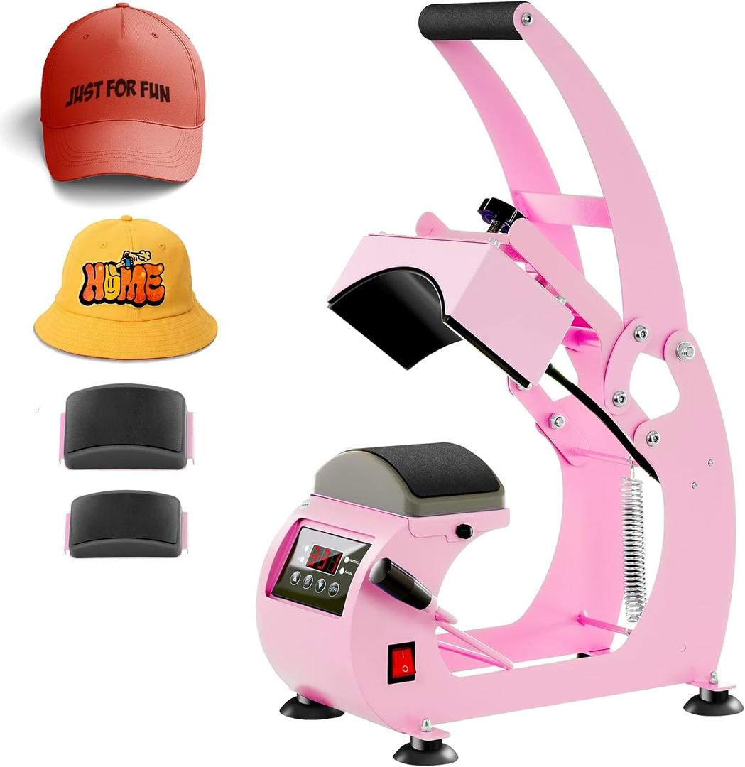 Hat Press, Hat Press Heat Machine for Caps, Hat Heat Press with 2 Platens and HTV Iron On for Vinyl, Sublimation, Heat Transfer (Pink)