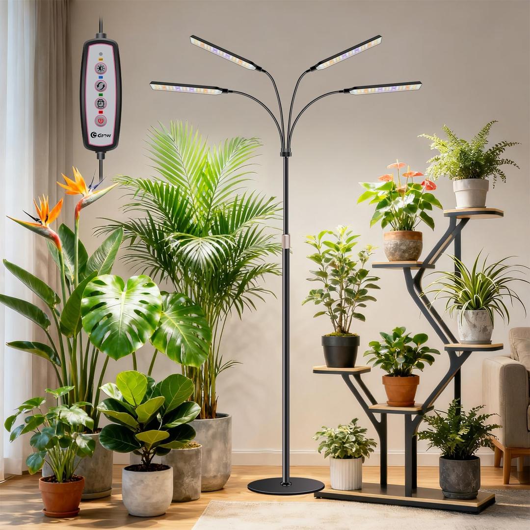 Grow Lights for Indoor Plants with Stand, 4-Heads Full Specturm Plant Grow Light with 4/8/12/16H Timer, 3 Color Modes, 360 Flexible Gooseneck, 24-68.7in Hight Adjustable Grow Lamp, Black