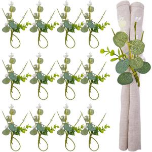 Napkin Rings Set of 12 - Mini Greenery Eucalyptus Leaf Napkins Rings for Wedding Table Decor, Flower Napkin Ring with Pearls for Dinner Party Banquet