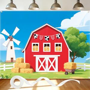 Farm Backdrop 8x6ft Farm Party Decorations Barn Backdrop Red Barn Door Banner with 19.68Ft Ribbon for Photography Props Photo Booth Birthday Party Supplies