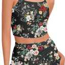 Women Swimsuits with Skirts 2 Piece Bathing Suit with Skirted Bottoms Cute Modest Swimsuits (Large, Black Flower Print)