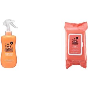 Wags & Wiggles Zesty Grapefruit Scent Bundle: Refresh Deodorizing Spray, 12 Fl Oz and Nourish Moisturizing Wipes, 100 Count - Gently Clean, Condition & Combat Odors Without a Bath