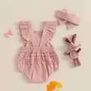 Nicoxijia Newborn Baby Girl Easter Outfit Bunny Carrot Embroidery Ruffle Sleeve Romper Bodysuit Jumpsuit with Headband Outfit (Pink, 0-3 Months)