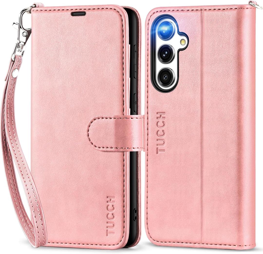 TUCCH Wallet Case for Galaxy S23 FE, [Wrist Strap] PU Leather Kickstand [RFID Blocking] Card Slot Folio with TPU Shockproof Interior Case Compatible with Galaxy S23FE 5G 6.4", Rose Gold with Wristlet