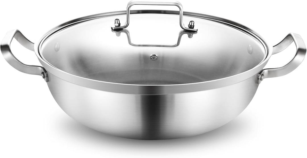 Delarlo Tri-Ply Stainless Steel Hot Pot 14 inch Everyday pan With lid, Everything Pan, Durable Deep Saute Pan, 7QT Induction Cooking Pot, Woks & Stir-Fry Pans Oven Safe Stock Pot