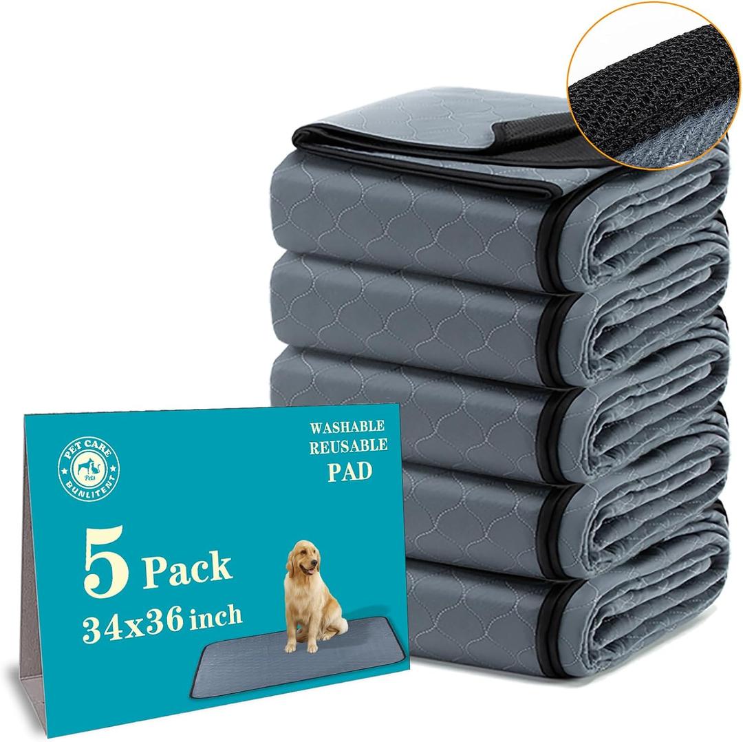Bunlitent Washable Pee Pads for Dogs 5 Pack, 34x36 Reusable Puppy Pads with Quick Dry, Anti-Slip, Ideal for House Training, Crate & Whelping, Dog Carpet (Gray)