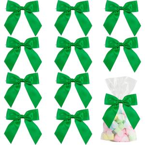 AIMUDI Green Satin Bows 4.5" Pre-Tied Emerald Green Twist Tie Bows for Treat Bags Green Ribbon Bows for Crafts Premade Bows for Gift Wrapping Wedding Decor Party Christmas Favors - 36 PCs