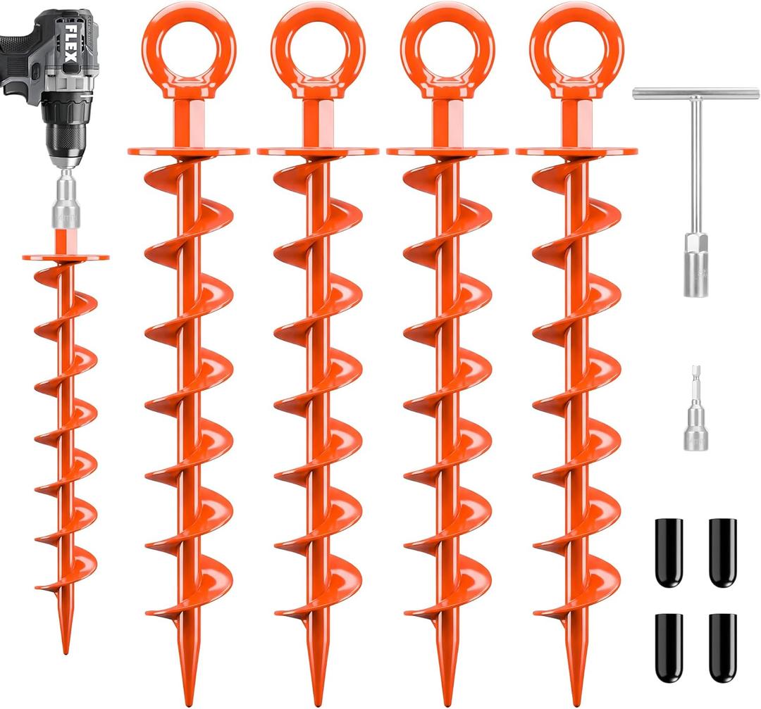 FEED GARDEN Ground Anchors Screw in Heavy Duty, 4 Pack 15 Inch Spiral Earth Anchors for Trampoline Anchors High Wind, Swing Set Anchors, Tent Stakes, Dog Tie Out & Canopy Stability, Orange, 4 Pack
