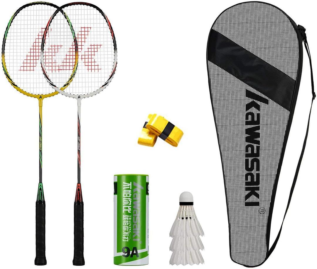 Kawasaki Badminton Set Professional Graphite Badminton Racket Lightweight & high Performance for Sports, Training and Entertainment Including 3 Badminton shuttlecocks & 2 overgrips & Carrying Bag (Mix)