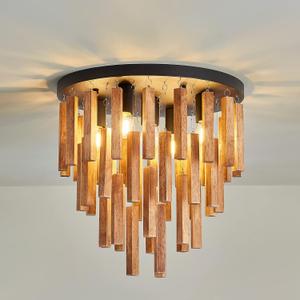 5-Light Semi Flush Mount Ceiling Light Fixture Rustic Wood Chandelier Retro Ceiling lamp Oak and Black with E26 for Farmhouse Kitchen Living Room Entryway Bedroom Dining Room Bathroom.