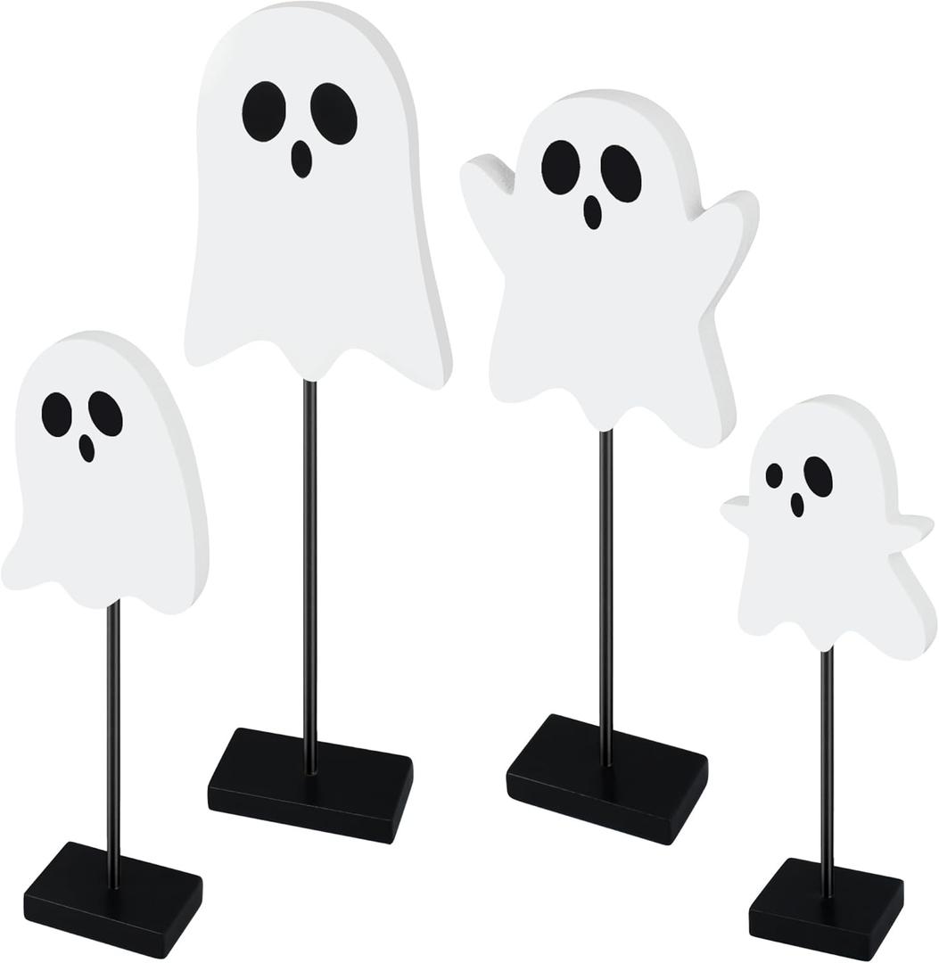 Halloween Standing Table Decor Ghost Wooden Signs Halloween Tiered Tray Decorations Ghost Table Centerpiece Tall Block Sign for Halloween Party Home Room Decor, 4 Pcs