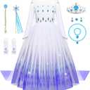 Aoiviss Girls Princess Costumes Snow Queen Princess Dresses Fancy Dress Up Clothes for Halloween Snow Party Cosplay, White, 140