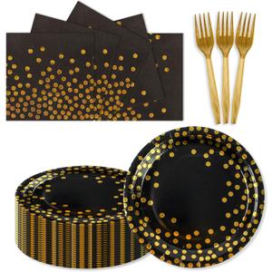 150PCS Paper Plates and Napkins Set - Black and Gold Dot Disposable Party Dinnerware Includes Paper Plates, Napkins, Forks Decorations for Birthdays, Graduations, Weddings and Holidays, Serves 50