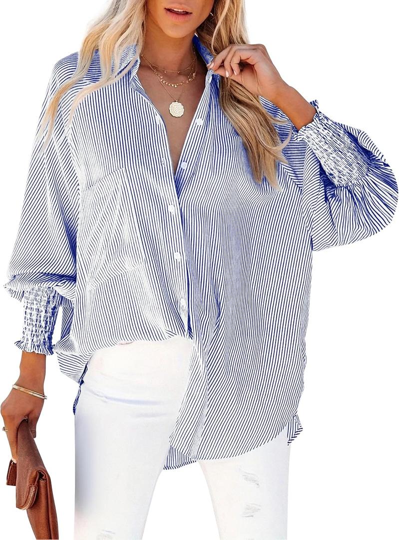 Women's Striped Oversized Button Down Shirt Wrinkle-Resistant Cotton Blend Blouse with Smocked Cuffs and Pocket (Blue, XXXL)