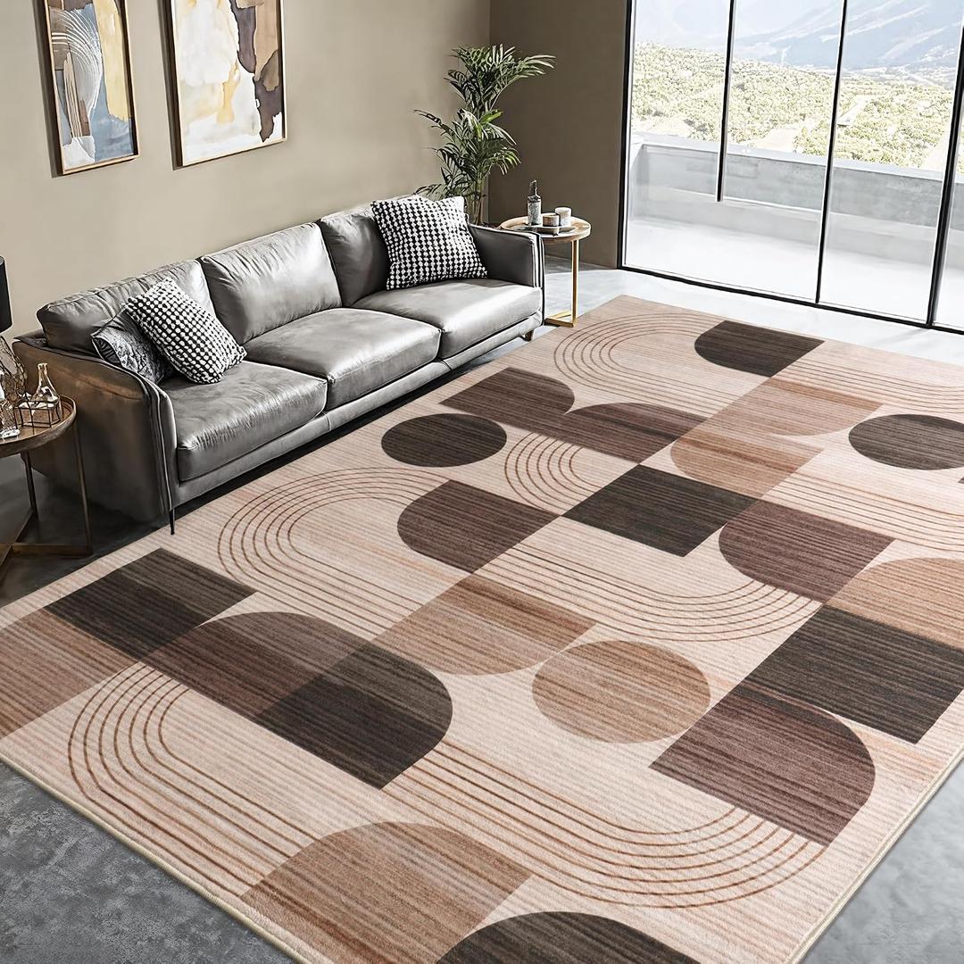 Large Machine Washable 5x7 Area Rug, Soft Modern Geometric Abstract Brown Rugs for Bedroom Living Room, Non-Shedding Faux Wool Indoor Throw Floor Carpet for Office Entryway Dining Room Decor
