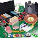 5 in 1 Super Pro Casino Game Set: Blackjack/Texas Hold'em/Roulette/Craps/Poker Kit, 10" Wooden Roulette Wheel, Carrying Case with 300 Clay Chips, 6 Deck Shuffler, 2 Double-Sided Rubber Mat And More