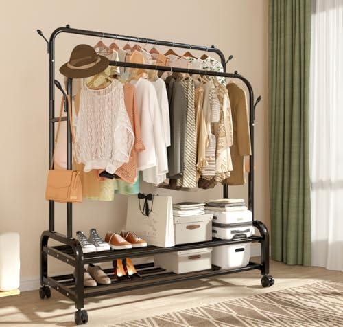 Antiwar Sturdy Metal Double Rodding Clothes Rack With Wheels, Portable Clothing Rack With Shelves & Hooks, Heavy Duty Garment Racks for Hanging Clothes, Multi-Functional Closet Rack for Bedroom, Black