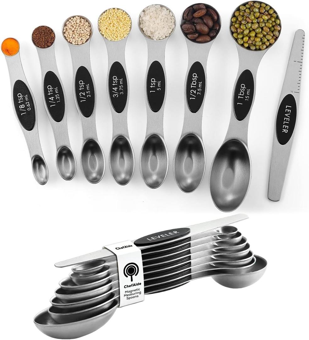 ChefAide Pack of 8 Stainless Steel Magnetic Measuring Spoons Set, Dual Sided, Stackable, Adjustable Teaspoon and Tablespoon Measure Spoon with Leveler, Kitchen Gadgets Set 5 (Black)
