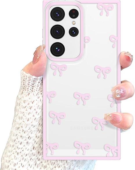 EYZUTAK Case for Samsung Galaxy S25 Ultra, Clear Cute Ribbon Bowknot Pattern Aesthetic Transparent Phone Case Raised Camera Protection Stylish Slim Soft Durable TPU Protective Cover for Women - Pink