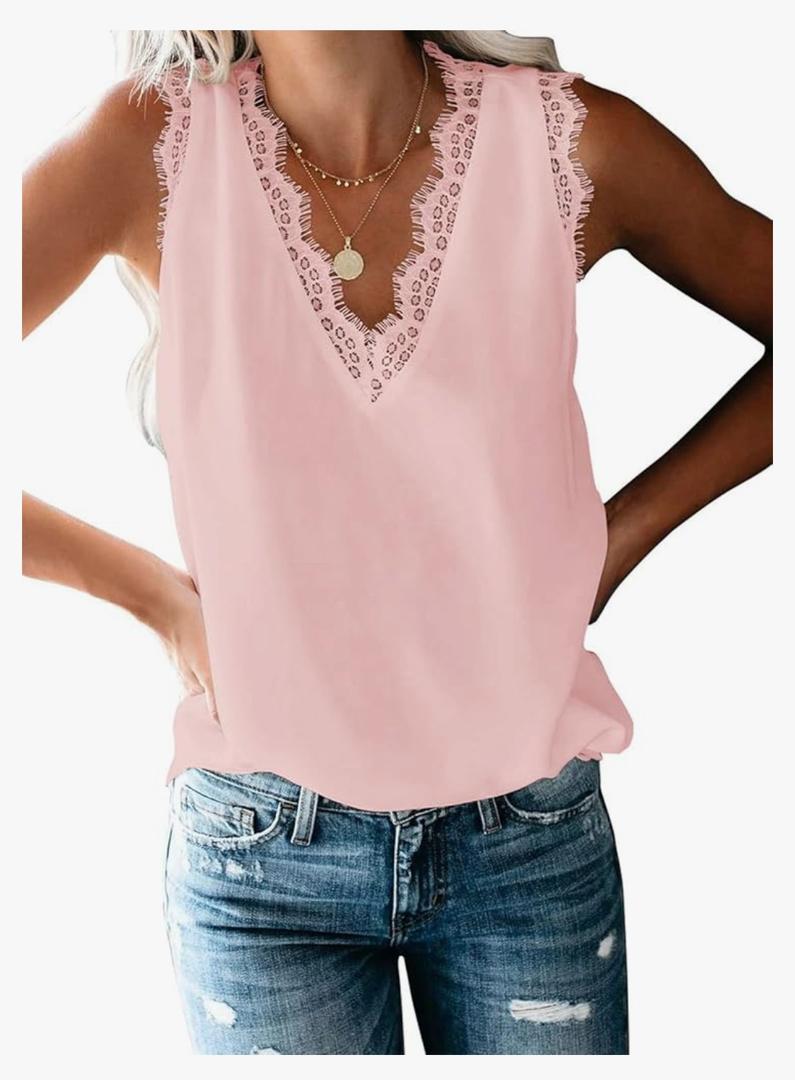 VIISHOW Women Ladies Sexy V Neck Lace Trim Tank Tops Dressy Camisole Casual Loose Sleeveless Chiffon Blouse Shirts XXL