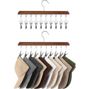 StorageWorks Hat Rack, Closet Organizer and Storage for Baseball Caps,Set of 2 with 10 Adjustable Stainless Steel Clips, Fits All Caps, Natural Walnut Color