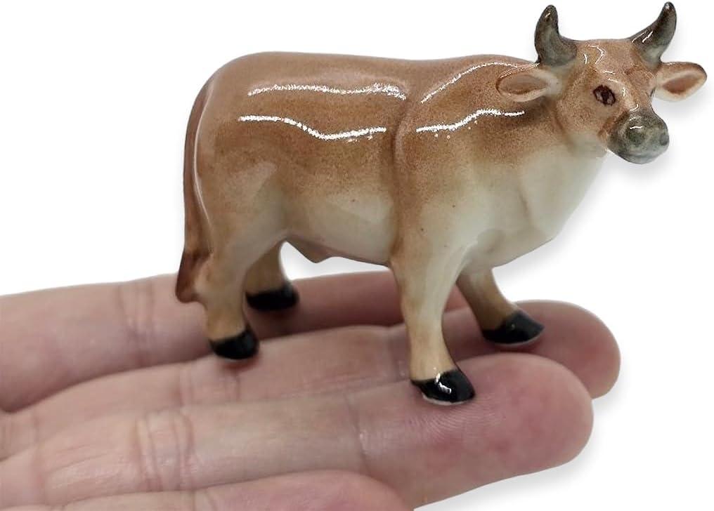 WitnyStore Tiny 2" Brown Standing Look Right Bull Ox Figurine - Miniature Hand Made Painted Ceramic Domestic Bovid Cattle Livestock Farm Animals Porcelain Decorative Collectible Figurines Dcor Gifts