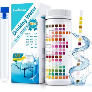 Umlecoa 16 in 1 Premium Water Test Kit - 125 Home Water Quality Test Strips for Well and Tap Test Kit - Testing for pH, Hardness, Chlorine, Lead, Iron, Copper, Nitrate, Nitrite, etc