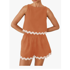 ZESICA Women's 2024 Summer 2 Piece Outfits Set Linen Lace Trim Crewneck Tank Crop Top and Shorts Lounge Pajama Sets, M