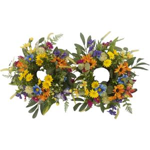 Spring Summer Candle Rings,Floral Candle Rings Wreaths 6 Inch,Daisy and Sunflowers,Mixed Flowers with 2pcs Plastic Candles,Perfect for Spring Decor,Centerpieces for Tables,Indoor Outdoor Home Decor