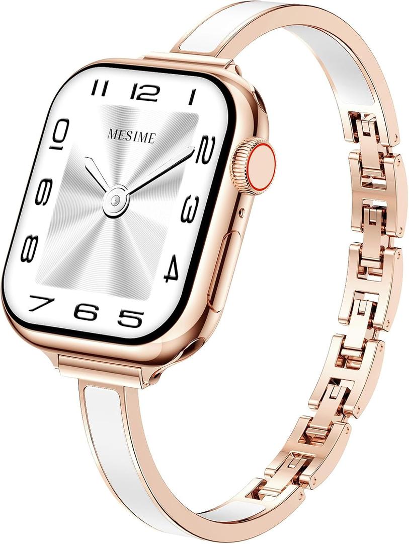 Mesime Slim Watch Band Compatible with Apple Watch Bands for Women 49mm 46mm 45mm 44mm 42mm 41mm 40mm 38mm, Jewelry Bracelet Metal Strap for iWatch Ultra 3/2/1 Series 11/10/9/8/7/6/5/4/SE/3/2/1 (Rose Gold + White)
