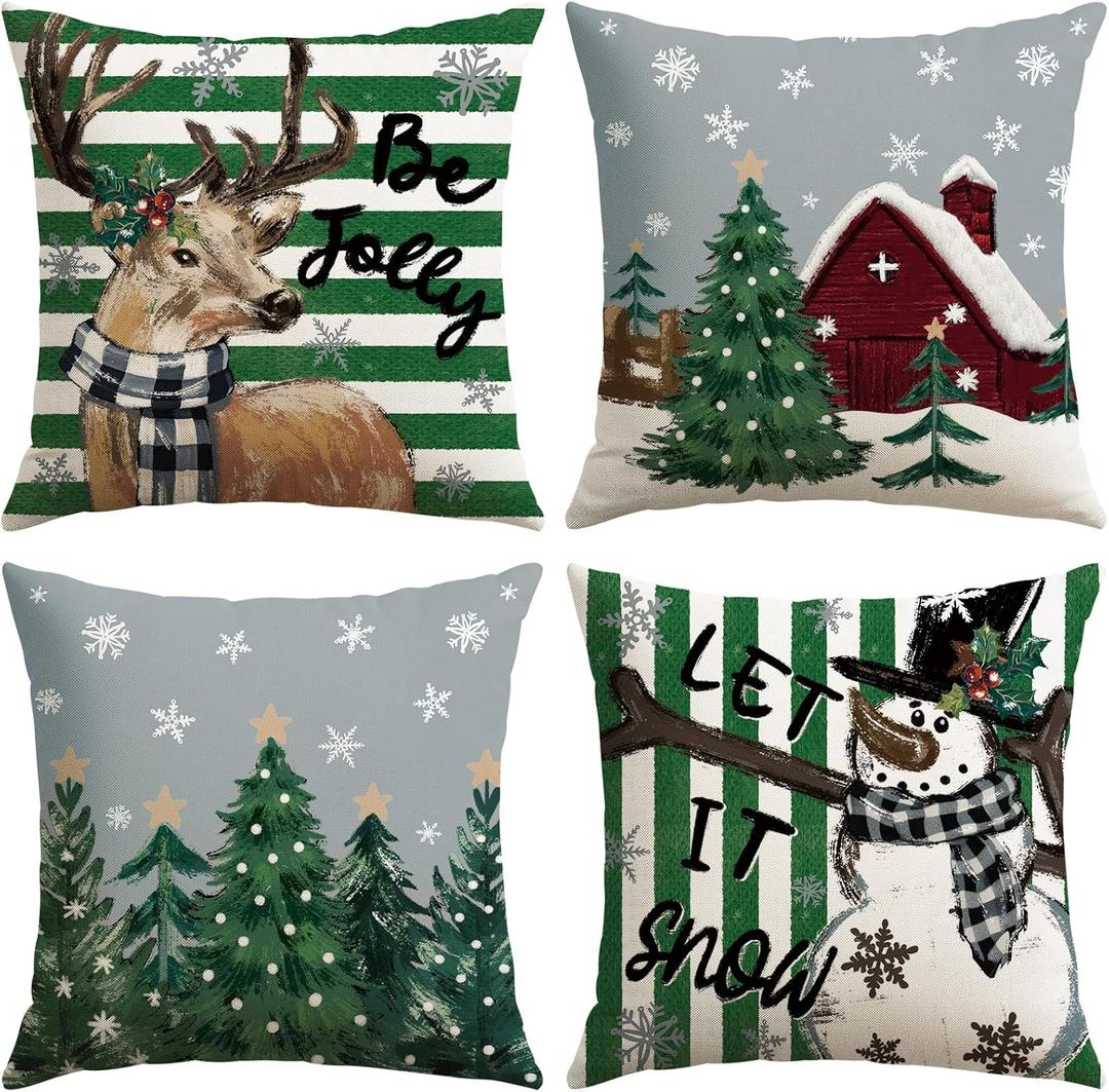 OTOSTAR Set of 4 Grey Christmas Throw Pillow Covers 20x20 Inch Winter Xmas Decorative Pillow Case Cover for Sofa Living Room Holiday Decor (Green- Snowman and Elk)
