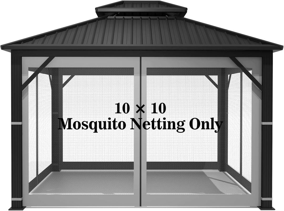 Gazebo Universal Replacement Mosquito Netting  Hugline 10' x 10' Outdoor Mesh Netting Screen 4-Panel Sidewall Curtain with Zipper (Gray)