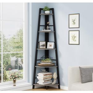 BON AUGURE Rustic Tall Corner Bookshelf, 5 Tier Wood and Black Metal Corner Ladder Shelf, Industrial Corner Bookcase and Gray Corner Shelf for Living Room, Bathroom, Kitchen (Dark Gray Oak)